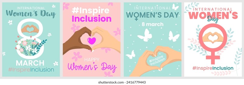 Plantillas del Día Internacional de la Mujer de carteles, tarjetas de felicitación, pancartas, volantes y medios sociales con signo de las manos del corazón. Campaña InspireInclusion 2024. Antecedentes vectores del mes de la historia de la mujer