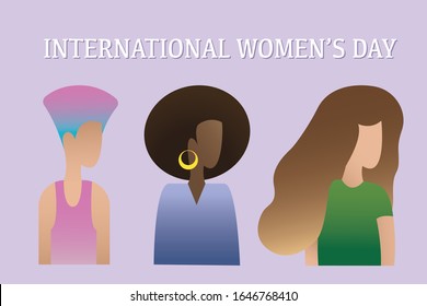 International women's day text and group of different women. Various nationalities and diversity of females, flat characters. Feminism,  diversity and 8 march. Women rights. Hand drawn vector