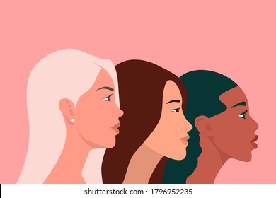 International Womens Day. Three Multy Ethnic Women of Different Nationalities Standing Together. Women s Friendship, Feminists, Sisterhood Concept. Empowerment Movement. Struggle for Freedom. Vector