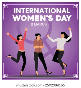 International Women's Day with three women depicted celebrating unity, empowerment, and community. Flat vector modern illustration 