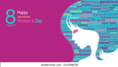 International Women's Day title with a silhouette of a woman's face and a cloud of words inside the silhouette in green, blue, pink and violet colors on a purple background