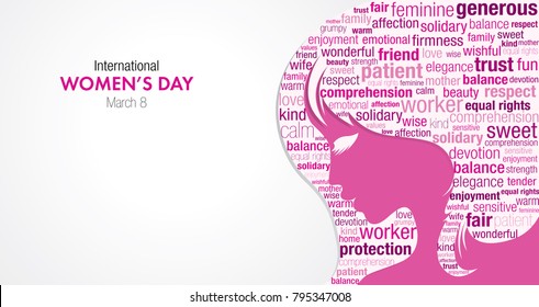 International Women's Day title with a silhouette of a woman's face and a cloud of words inside the silhouette in pink and violet colors on a white background