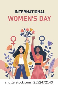 Dia Internacional da Mulher. Vetor moda ilustração plana mulheres fortes ficar juntos. Conceito de feminismo proteção da igualdade de gênero dos direitos e liberdades das mulheres