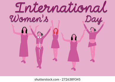 Vector del Día Internacional de la Mujer con números volumétricos 3D y mujeres levantando las manos. Grupo de mujeres empoderadas que celebra el empoderamiento y la igualdad de género.