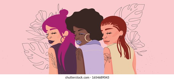 International Women's Day vector background with women different nationalities and flowers.
