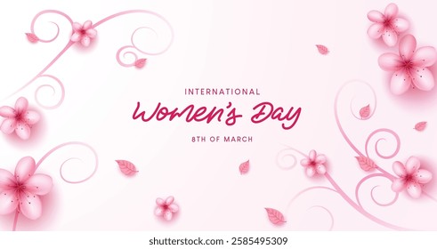 International women's day vector background. Women's day text in empty space with cherry blossom flower elements. Vector Illustration.
