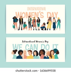 International Women's Day. Vector banners with abstract women with different skin colors. Struggle for freedom, independence, equality. Lifestyle, street fashion.