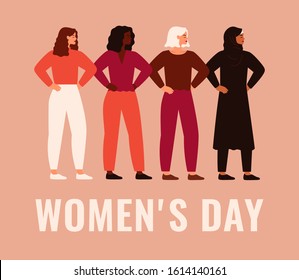 International Women's Day. Vector card with women different nationalities and cultures standing together. Female friendship, union of feminists or sisterhood. 