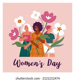 International Women's Day. Vector cartoon illustration of three diverse smiling women of different nationalities, standing with abstract flowers in hands. Isolated on light pink background