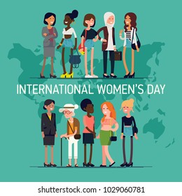 International Women's Day vector concept with diverse group of women of different age, race and outfits. Girl Power, community and equality