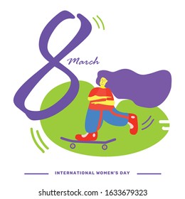 International Women's Day vector concept with a female teenager character skating and smiling at camera, isolated in white background with violet text