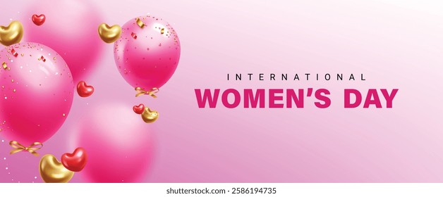 International Women's Day vector design. Happy women's day greeting card with balloons and hearts elements in pink background. Vector Illustration.
