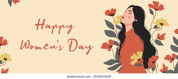 International Women's Day, vector festive banner postcard with text. Young woman girl in flowers. Feminism, women empowerment, gender equality