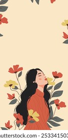 Día Internacional de la Mujer. Vector Anuncio festivo, postal con lugar para texto. Joven mujer niña en flores. Feminismo, empoderamiento de las mujeres, igualdad de género