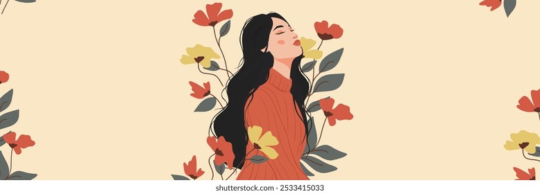 Día Internacional de la Mujer, postal de Anuncio festivo de Vector con lugar para texto. Joven mujer niña en flores. Feminismo, empoderamiento de las mujeres, igualdad de género