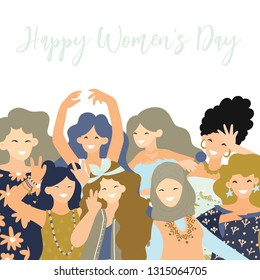 International Women's Day. Vector greeting card with three cute woman. Vector illustration