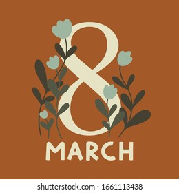 International Women's Day vector greeting card. 8th of march. Vector illustration with flowers and branches for Women's Day. Female symbol with beautiful spring elements. Romantic floral illustration