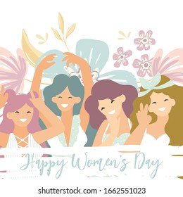 International Women's Day. Vector greeting card with four cute  women. Vector illustration