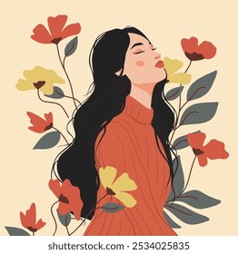 International Women's Day, vector holiday banner postcard. Young woman girl in flowers. Feminism, women empowerment, gender equality