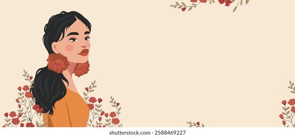 International Women's Day. Vector holiday illustration with place for text. Beautiful woman on floral background. Feminism, women's empowerment. Banner for social networks, for women's projects