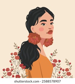 International Women's Day. Vector holiday illustration, postcard. Beautiful woman with earring buds on floral background. Feminism, women empowerment. For women's projects, avatar for social networks