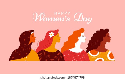 International Women's Day. Vector horizontal banner with four smiling diverse women's portraits in trendy flat style. Isolated on pink background