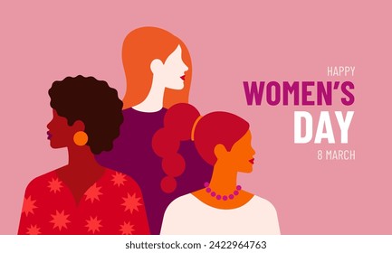 International Women's Day. Vector horizontal illustration in modern minimalist style of three diverse women's portraits. Place for your text.