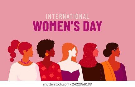 Día Internacional de la Mujer. Ilustración horizontal vectorial en el estilo minimalista moderno de un grupo de retratos multiétnicos de mujeres. Aislado sobre fondo rosa