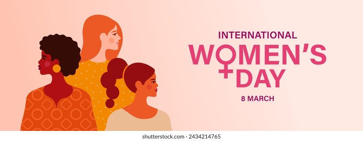 International Women's Day. Vector horizontal illustration in modern minimalist style three diverse multiracial women's portraits. Isolated on pink background. Place for your text.