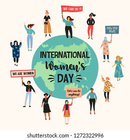 International Womens Day. Vector illustration with women different nationalities and cultures. Struggle for freedom, independence, equality.