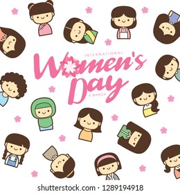 International Women's Day vector illustration with diverse group of women of different age, race and outfits.