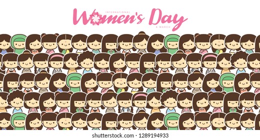 International Women's Day vector illustration with diverse group of women of different age, race and outfits.