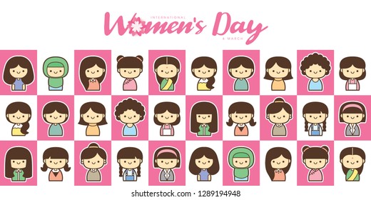 International Women's Day vector illustration with diverse group of women of different age, race and outfits.