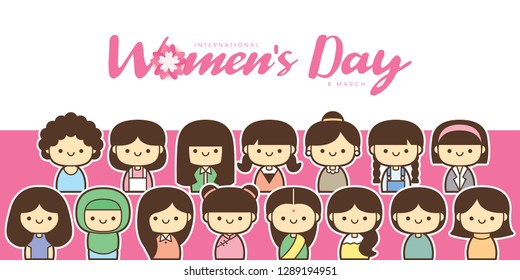 International Women's Day vector illustration with diverse group of women of different age, race and outfits.