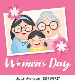 International Women's Day vector illustration with diverse group of women of different age, race and outfits.