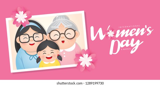 International Women's Day vector illustration with diverse group of women of different age, race and outfits.