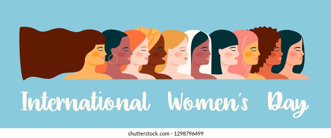 International Womens Day. Vector illustration with women different nationalities and cultures. Struggle for freedom, independence, equality.