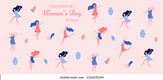 International women's day vector illustration. Beautiful dancing women.