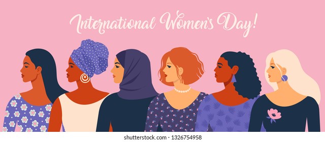 International Womens Day. Vector illustration with women different nationalities and cultures. Struggle for freedom, independence, equality. 