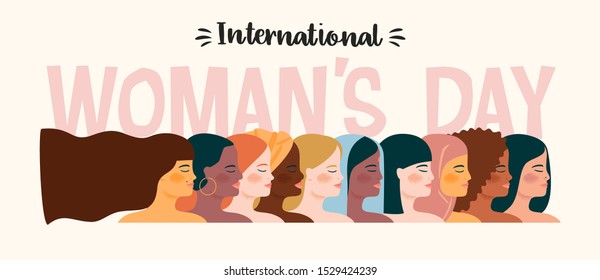 International Womens Day. Vector illustration with women different nationalities and cultures. Struggle for freedom, independence, equality.