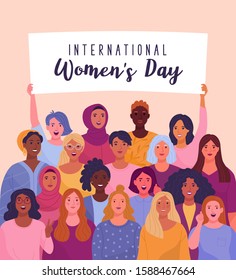 International Women's Day. Vector illustration of diverse cartoon women standing together and holding a placard over their heads. Isolated on background. 