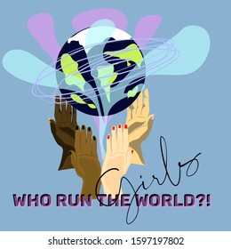 International Women's Day. Vector illustration where hands of women of different nationalities spinning a world.