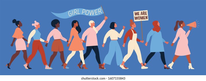 International Womens Day. Vector illustration with women different nationalities and cultures. Struggle for freedom, independence, equality.