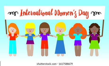International Womens Day. Vector illustration with women different nationalities and cultures. Struggle for freedom, independence, equality. Character woman. Woman power concept. Feminism concept