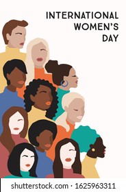 International Womens Day. Vector illustration of abstract women with different skin colors. Struggle for freedom, independence, equality.