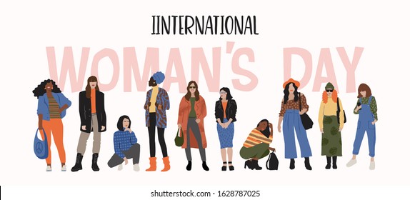 International Womens Day. Vector illustration of abstract women with different skin colors. Struggle for freedom, independence, equality. Lifestyle, street fashion.