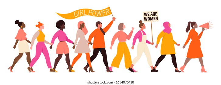 International Women's Day. Vector illustration with women different nationalities and cultures. Struggle for freedom, independence, equality.