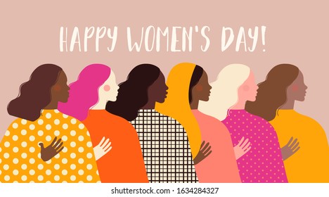 International Women's Day. Vector illustration with women different nationalities and cultures. Struggle for freedom, independence, equality. 