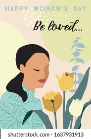 International Womens Day. Vector illustration of abstract woman and flowers. Template for card, poster, flyer and other users