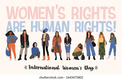 International Womens Day. Vector illustration of abstract women with different skin colors. Struggle for freedom, independence, equality. Lifestyle, street fashion.